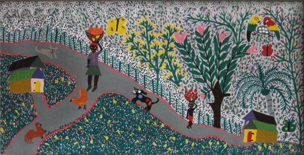 Solomen Jean Baptiste acrylic and oil painting: Solomen Jean Baptiste (Haitian 20th c.)- Neighborhood Scene- acrylic and oil on canvas, 1995, signed and dated 'Solomen Je Baptiste 1995' lower left, good condition. 35 x 18''