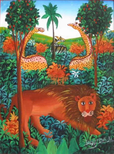 Eddy Jean Baptiste oil painting: Eddy Jean Baptiste (Haitian 20th c.)- Lion, Giraffes and Zebras in Jungle- oil on muslin, signed 'Eddy Jn Baptiste' lower right, small scrape on lion's muzzle and in upper left corner, otherwise good 