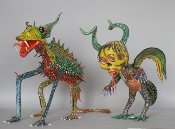 2 Alebrijes by Don P. Linares, and P. Morales: Don Pedro Linares, and Pablo Morales- 2 papier mache Alebrijes, Linares piece with repair on base of tail, otherwise good condition. 25''h, 24 1/2''h
