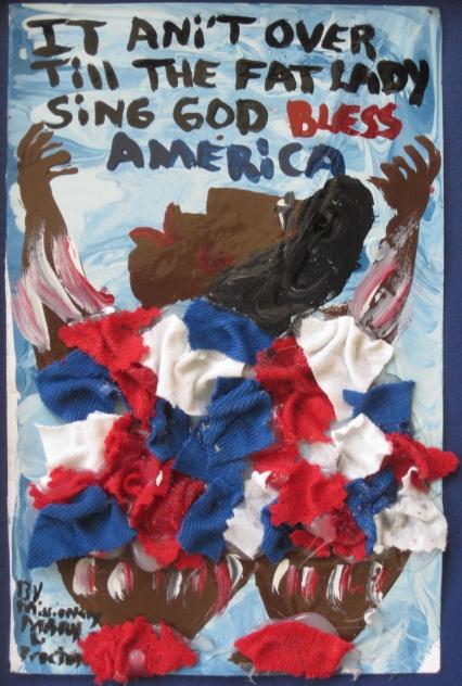 Mary Proctor mixed media: Mary Proctor (American 1960- )- "The Fat Lady Sings"- mixed media on tin, signed 'Missionary May Proctor'. 8 1/2 x 5 3/8"