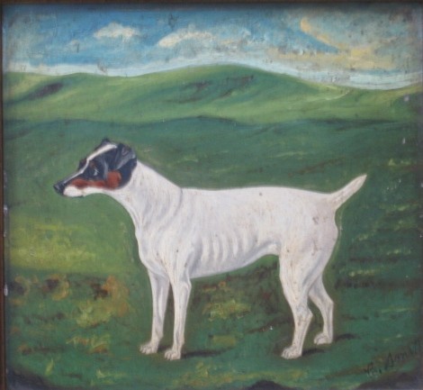 C. Smith oil painting: C. Smith- Jack Russell Terrier in Green Field- oil on canvas board, signed lower right, good condition. 6 3/4 x 7 5/8''