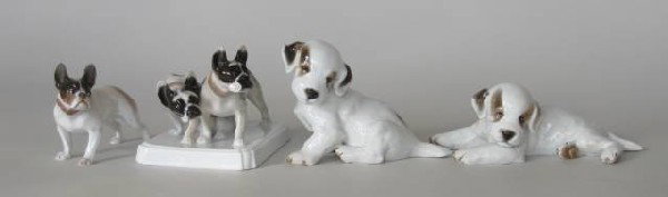 4 Rosenthal porcelain figurines: 4 Rosenthal porcelain figurines- 2 White Puppies; a French Bulldog; Two French Bulldogs on a white base, signed F. Diller- all marked on bottom, a very minor chip on 1 French Bulldog on Base, otherwis
