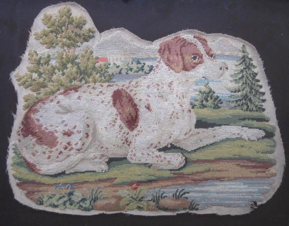 Early 20th c. Needlepoint: Early 20th c. Needlepoint- A Dog in Landscape. 8 x 12''