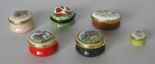6 Round and oval enamel boxes: 6 Round and oval enamel boxes- 3 Bilston & Battersea; 3 Halcyon Days- all marked on bottom, good condition. various sizes