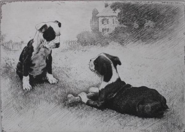 Morgan Dennis 4 etchings: Morgan Dennis- German Shepherd; ''No Help Wanted''; ''Stick Together, Fellas''; and ''The Youth's Companion''- 4 etchings, all signed and 3 titled in pencil, some mat burn, otherwise good condition. v