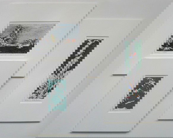 Marsh Heatwole 3 etchings: Marsha Heatwole- ''Grace''; ''Stamp Dog''; ''Willo''- 3 etchings in colors, all signed and titled in pencil, very good condition. 4 x 6 1/4'', 4 1/2 x 2 1/2'', 8 x 2 3/8''