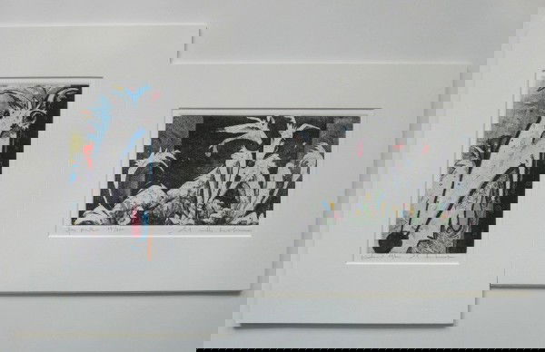 Marsha Heatwole 2 etchings: Marsha Heatwole- ''Dog Pals''; ''Listen''- 2 etchings in colors, signed and titled in pencil. 5 3/4 x 9 7/8'', 9 1/4 x 5 1/4''