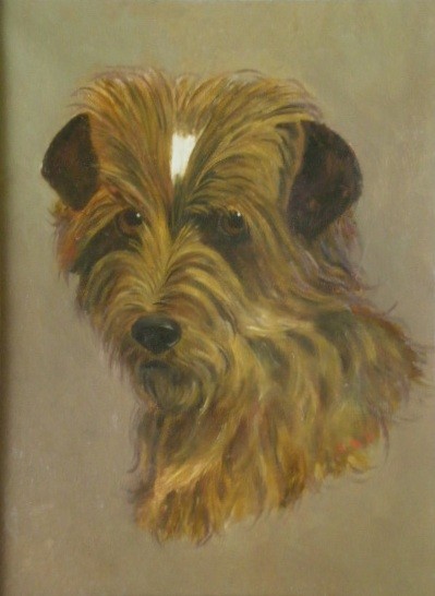 R. M. D oil painting: R. M. D. (American 20th c.)- Brown Terrier with White Spot- oil on canvas, good condition. 11 1/4 x 8 3/8''