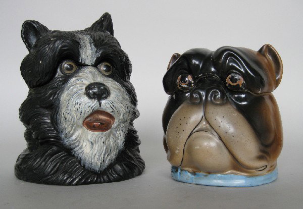 20th c. 2 Humidors: 20th c. 2 Humidors, in form of a Long Haired Terrier and a Mastiff (?), some area of loss in glaze, otherwise good condition. 6 3/4''h, 5''h