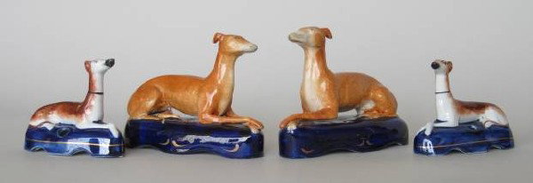 2 Pairs of Staffordshire Whippet pen holders: 2 Pairs of Staffordshire Whippet pen holders, some wear, otherwise good condition. 4 3/4''h, 3 1/4''h
