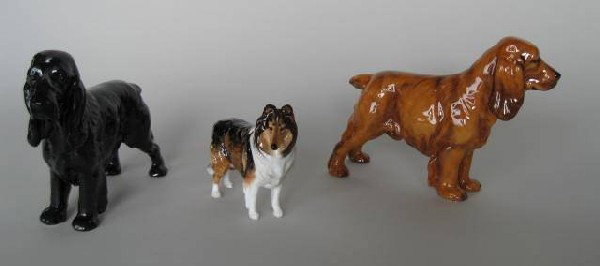 3 Royal Doulton porcelain figurines: 3 Royal Doulton porcelain figurines- 2 ''Cocker Spaniels'', HN 1187, issued 1937-69; HN 1020, issued 1981-85; and ''Collie'', HN 1059, designed by Frederick Daws, issued 1931-85- all marked on bottom,