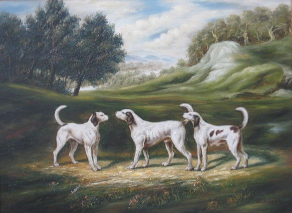W. Richard oil painting: W. Richard (Contemporary American)- Three Hounds in Sunlit Field- oil on panel, signed lower right, good condition. 11 3/16 x 15 3/16''