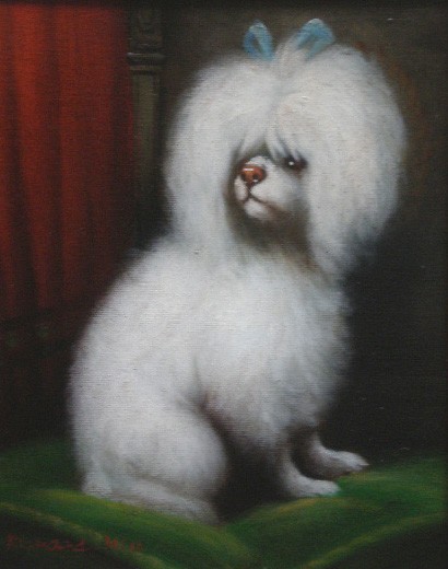 Richard Mill oil painting: Richard Mill (Contemporary)- Poodle on Green Cushion- oil on canvas, signed lower left, very good condition. 9 1/2 x 7 1/2''