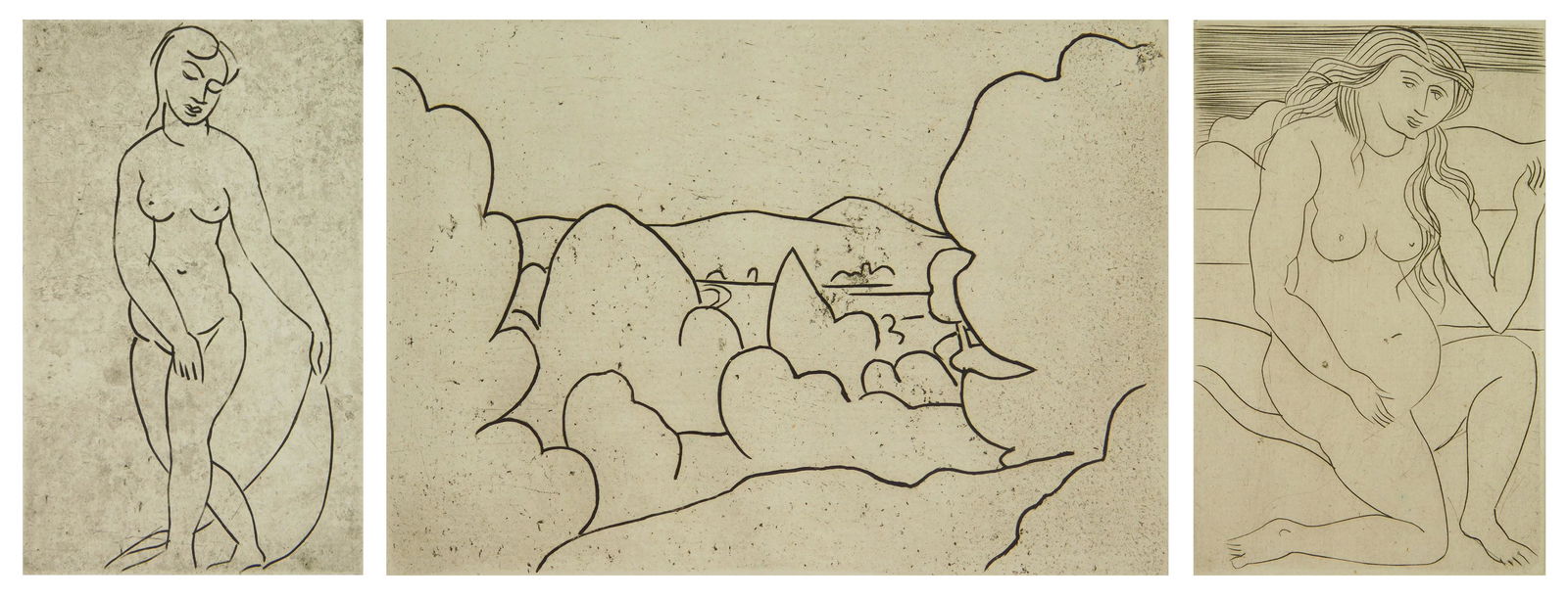 3 Andre Derain ethings: Andre Derain (French 1880-1954) ''Paysage''; ''Nu au Voile'' & ''Nu Acceroupi'' 3 etchings, all numbered 'v. 3/5' in pencil, very good condition. 12 3/4 x 10'' (sheet) ea.