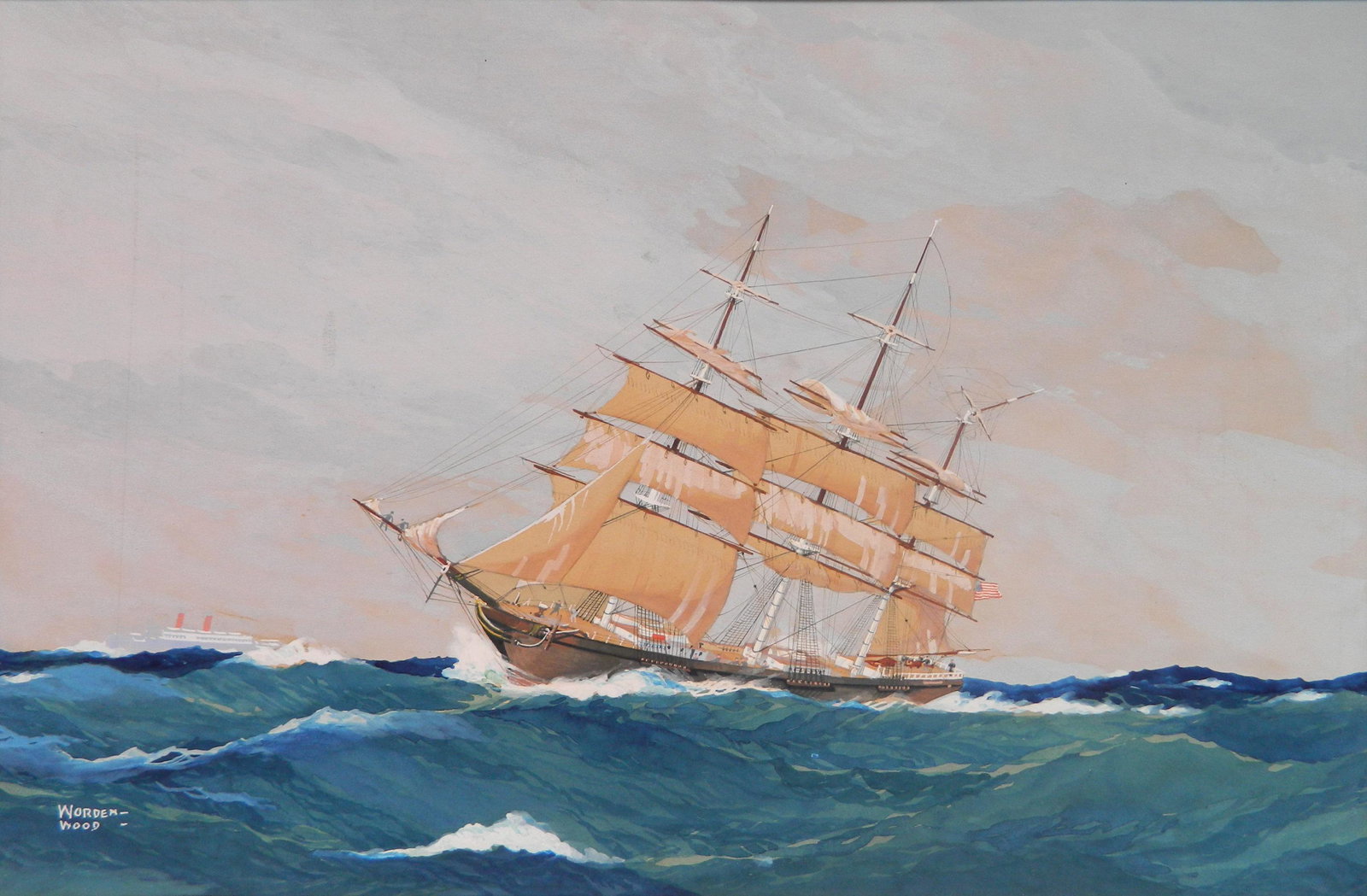 Worden Wood gouache: Worden Wood (American 1880-1943) Three Masted Ship at Sea- gouache on cardboard, signed Worden Wood lower left. 13 1/2 x 21''