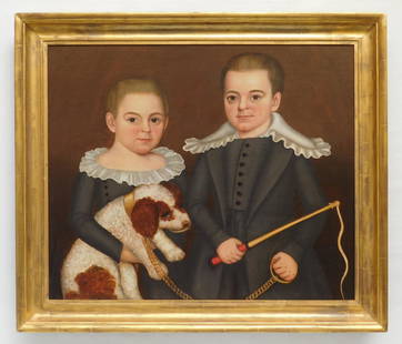 Milton Hopkins oil: Milton S. Hopkins (American 1789-1844) ''Double Portrait of Alfred & James Collins''- oil on canvas, 1842, signed verso, also titled 'Alfred Collins/ AE 6-1842 James F. Collins/ AE 4 1842, framed. 25