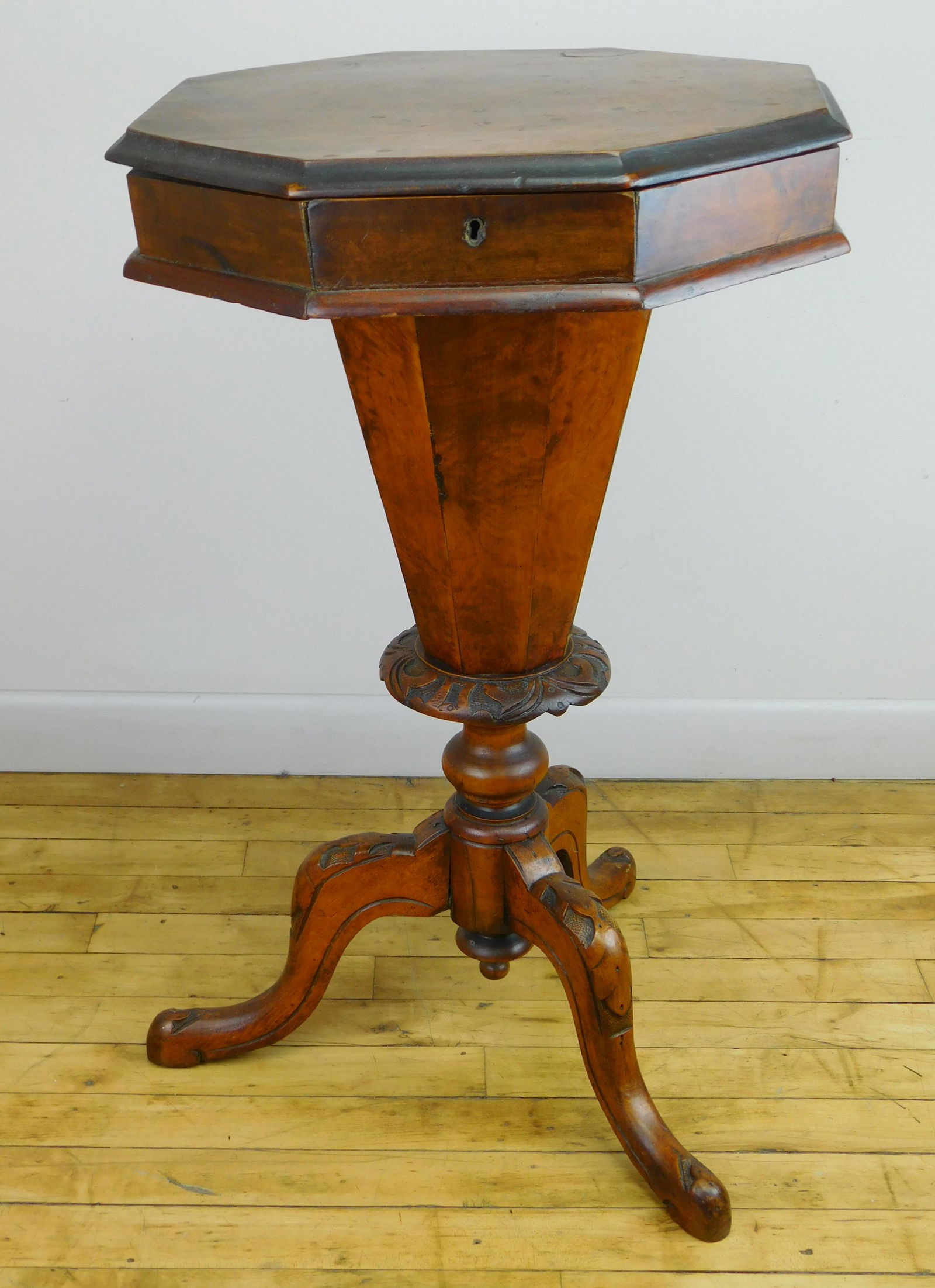19th c. Burl walnut octagonal top sewing stand (1 of 6)