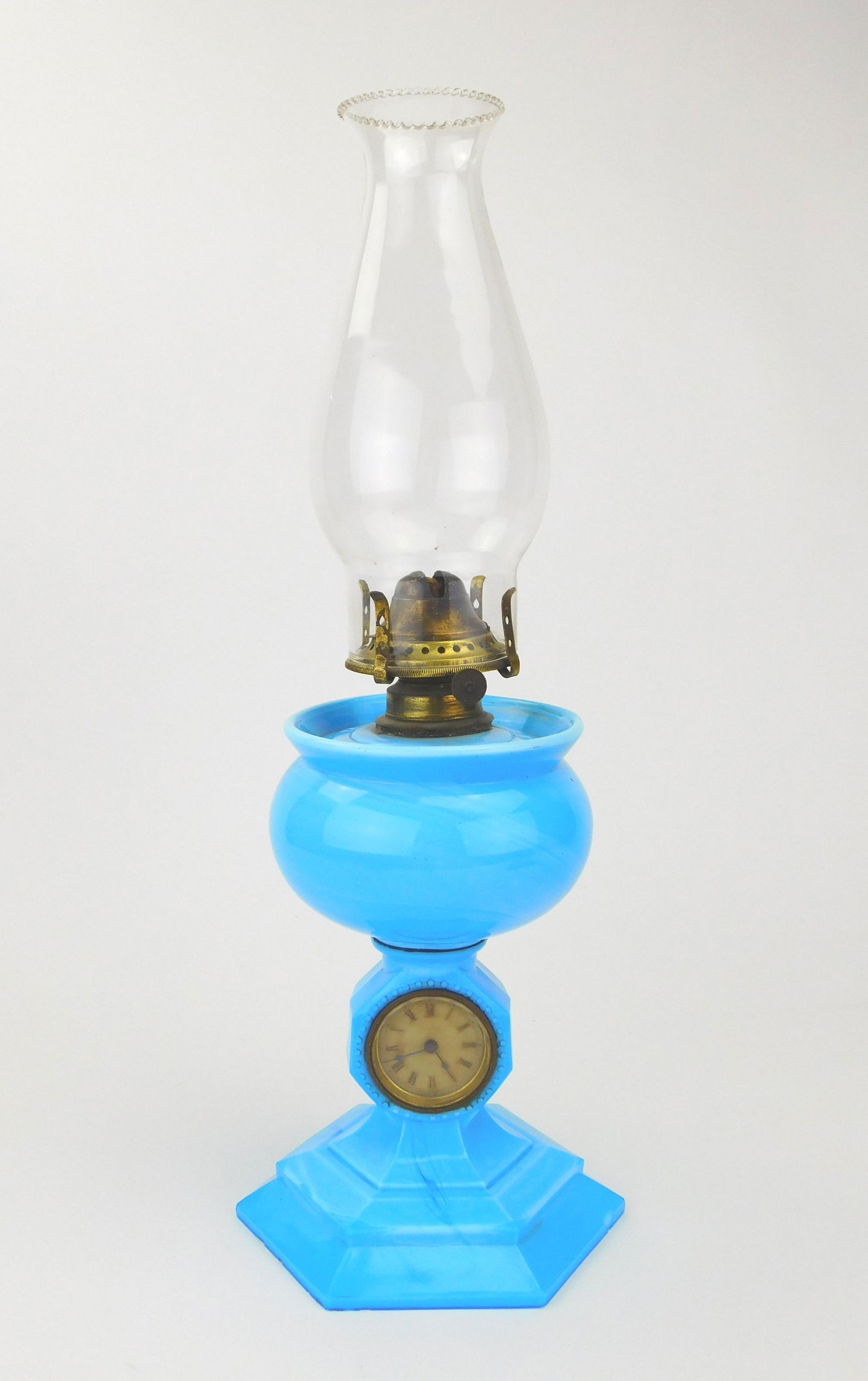 Milk glass oil lamp with clock (1 of 8)
