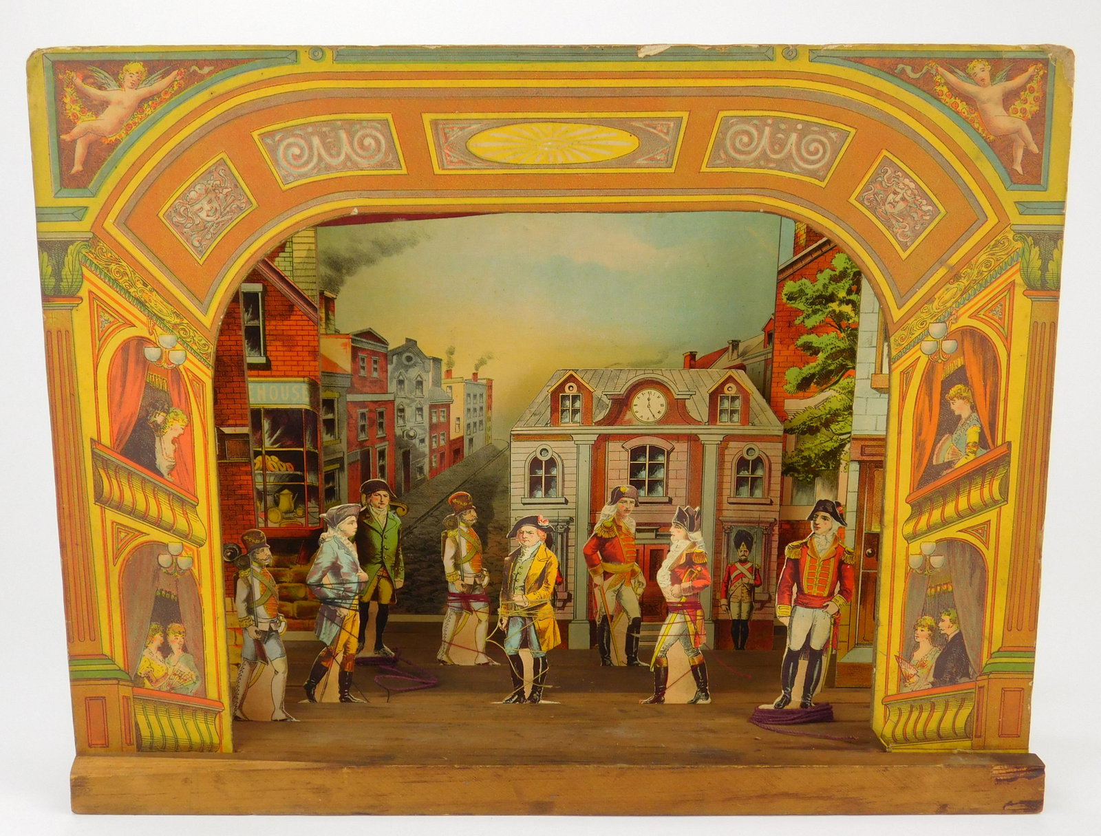 Singer Imperial paper toy theater: Singer Imperial paper toy theater with backdrops, wings, figures and reading to various plays including ''Robinson Crusoe''; ''Miller & His Men''; ''Battle of Bunker Hill''; ''Pocahontas, Enchanted La