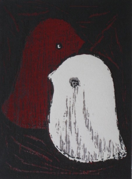 Kaoru Kawano woodblock in colors: Kaoru Kawano (Japanese 1916-1965)- Two Birds- woodblock in colors, very good condition. 6 x 4 1/2''