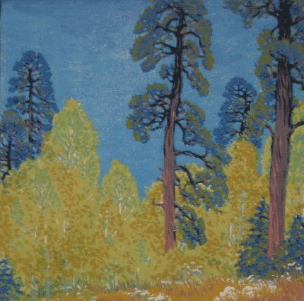 Gustave Baumann woodblock: Gustave Baumann (American 1881-1971)- ''Pine and Aspen'' (Acton 88)- woodblock in colors, 1920, signed, titled and numbered 88/120 in pencil, artist stamp in orange, lower right. 13 x 12 3/4''