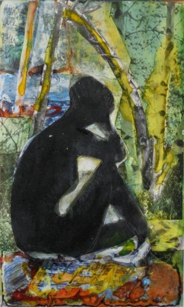 Romare Bearden collage: Romare Bearden (American 1914-1989)- ''Misty Morning - Mecklenburg County''- mixed media on masonite, 1982, signed Romare Bearden in pencil upper left, very good condition. 9 1/2 x 5 1/2''