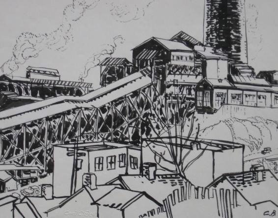 Cecil Bell pen and ink: Cecil Bell (American 1906-1970)- ''Mine Buildings''- pen and ink on paper, 1930, initialed and dated 1-17-30, embossed estate stamp, very good condition.7 2/3 x 10''