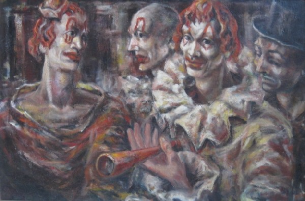 Eugene Ross Bell oil: Eugene Ross Bell (American 20th c.)- Clowns- oil on canvas, 1954, signed Bell, lower right. 24 x 36''