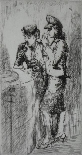 Isabel Bishop etching: Isabel Bishop (American 1902-1988)- ''Lunch Counter'' (Teller 24)- etching, 1940, signed and numbered 47/50 in pencil, edition of 50 as published in 1978, very good condition. 7 1/4 x 3 7/8''