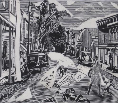 Fiske Boyd woodcut: Fiske Boyd (American 1895-1975)- Street Scene- woodcut, signed and numbered 81-17 in pencil. 8 x 9 3/8''