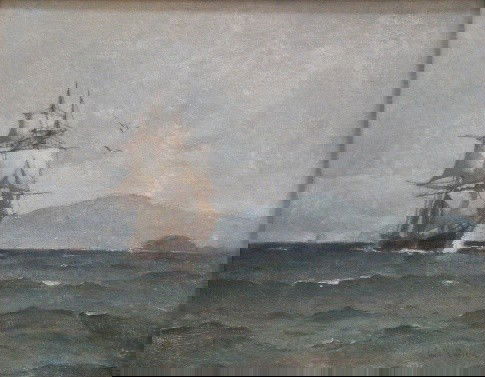 Emil Carlsen oil: Emil Carlsen (American 1848-1932)- Tall Ship Passing Island- oil on canvas (relined), 1881, signed Emil Carlson lower right. 16 x 20