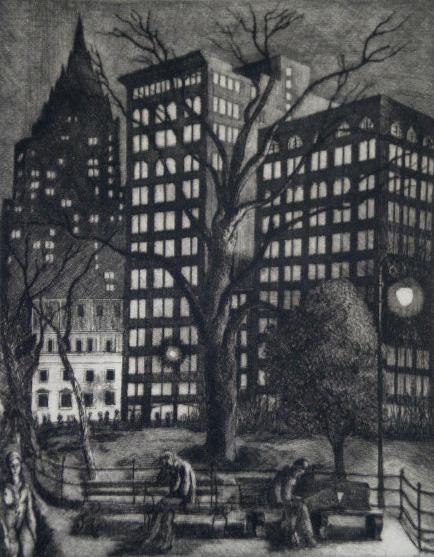 Ernest Fiene etching: Ernest Fiene (American 1894-1965)- ''Madison Square Park'' (Coven 67)- etching, 1932, signed, dated and numbered 25/40 in pencil, mat burn, light struck, laid down. 11 11/16 x 9 5/16''