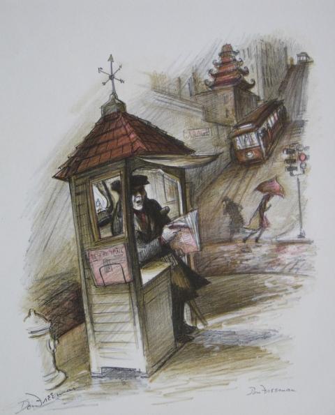 Don Freeman lithograph: Don Freeman (American 1908-1978)- ''Kiosk, Cable Car, Rain'' (McCullough 142)- lithograph in colors, 1956, estate stamp signature, very good condition. 14 1/2 x 11 1/4''