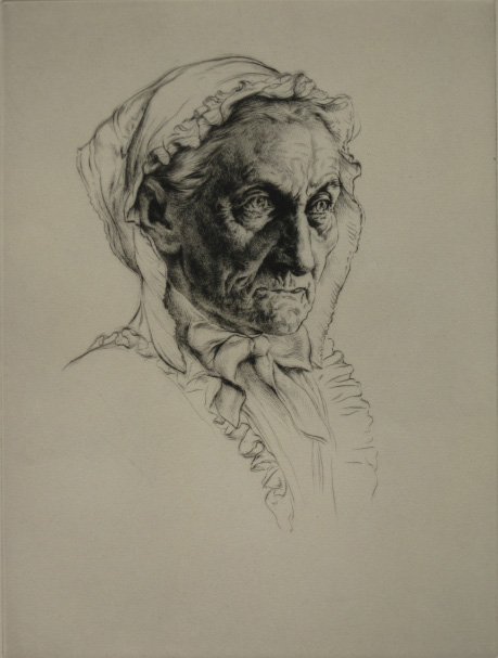 Arthur W. Heintzelman drypoint: Arthur W. Heintzelman (American 1891-1965)- ''Portrait Study of an Old Woman'' (Smith 225)- drypoint, 1937, signed in pencil, edition of 125, slightly light struck and mat burned. 12 x 9''