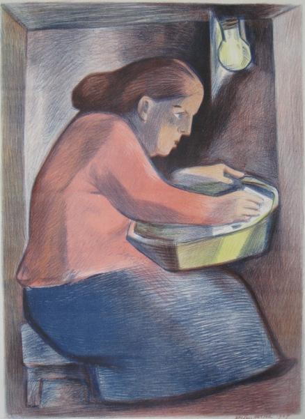 Stefan Hirsch lithograph: Stefan Hirsch (American 1899-1964)- Woman with Tub- lithograph in colors, 1939, signed and dated in brown pencil, tape residue along top edge otherwise good condition. 11 x 8''