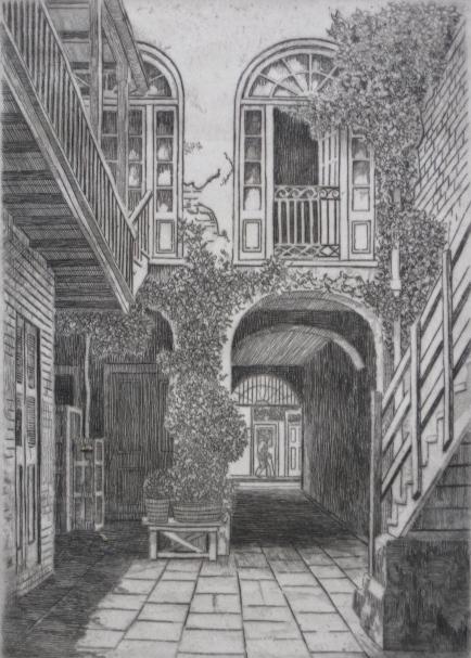 Eugene E. Loving etching: Eugene E. Loving (American 1908-1971)- ''Bourbon St. Court, Old New Orleans''- etching, signed, titled and annotated 'Ed. 200' in pencil. 7 x 5''