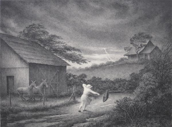 Jackson Lee Nesbitt lithograph: Jackson Lee Nesbitt (American 1913-2008)- ''September Storm'' (Retif and Salzer 38)- lithograph, 1989, signed, dated, titled and numbered 112/250 in pencil, very good condition. 11 7/8 x 16''