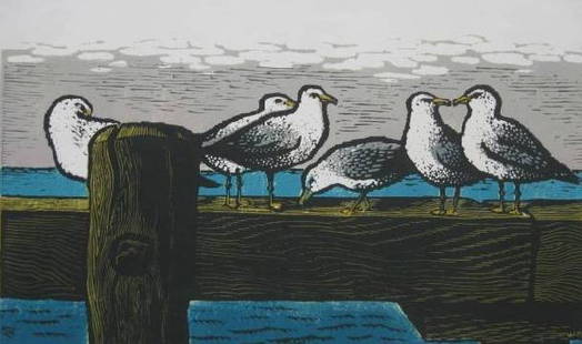 Woldemar Neufeld 2 woodblocks: Woldemar Neufeld (American 1909-2002)- ''Girl with Gulls''; ''Seagulls''- two woodblocks in color, both signed, titled, and numbered in pencil, edition of 50, very good condition. 14 x 23''; 15 x 27''