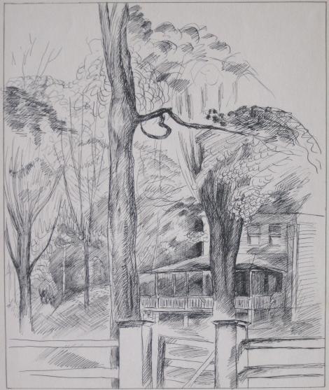 Guy Pene Du Bois pen and ink: Guy Pene Du Bois (American 1884-1958)- House with Veranda, Trees, and Fence- pen and ink on paper, exhibited Hirschl & Adler Galleries, NY 1983, Realism and Abstraction: Counterpoints in American Draw