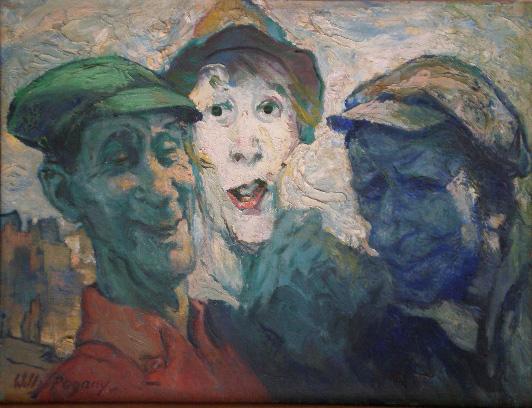 Willy Pogany oil: Willy Pogany (American 1882-1955)- ''Three Cronies''- oil on canvas, ca. 1950, signed Will Pogany lower left. 17 x 21 3/4''