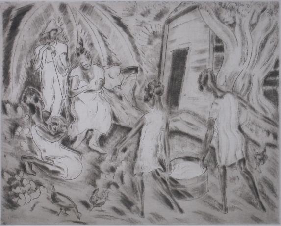 Caroline Speare Rohland aquatint: Caroline Speare Rohland (American 1885-1965)- ''A Southern Family''- aquatint, ca. 1940, signed and numbered 4/50 in pencil, minor foxing throughout. 9 5/16 x 11 15/16''
