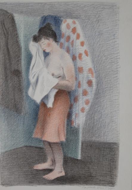 Raphael Soyer lithograph: Raphael Soyer (American 1899-1987)- ''Young Woman Drying Herself'' (Cole 57A)- lithograph in colors, 1940, signed and numbered in pencil, very good condition. 19 x 12 1/2''