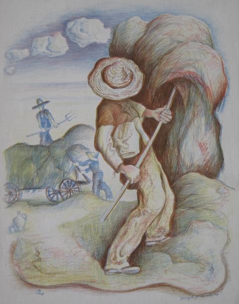 Joseph Vorst lithograph: Joseph Vorst (American 1897-1947)- Haying- lithograph in colors, 1938, signed and dated in blue pencil, very good condition. 12 x 9''