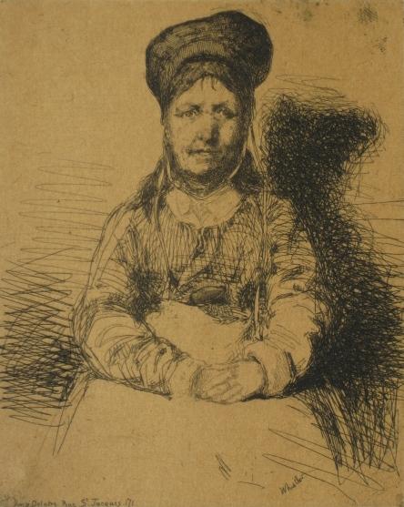James A. M. Whistler etching: James A. M. Whistler (American 1834-1903)- ''La Retameuse'' (Kennedy 14ii/II)- etching, as published by Delatre, foxing throughout, residue from old masking tape along top edge. 4 1/2 x 3 1/2''