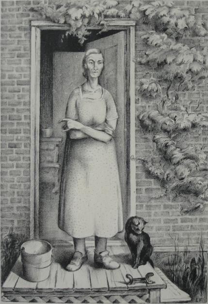 Leroy Flint lithograph: Leroy Flint (American 1909-1991)- ''George Ain't Home''- lithograph, ca. 1936-42, signed and titled in pencil, very good condition. 9 x 6 1/8''