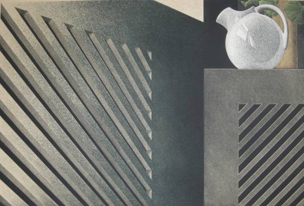 Hugh Kepets aquatint in colors: Hugh Kepets (American 1946- ) ''39 G. P. N.''- aquatint in colors, 1981, signed, dated, titled and numbered 5/85 in pencil, several tears in the edges of the paper- well away from the image. 23 3/4 x