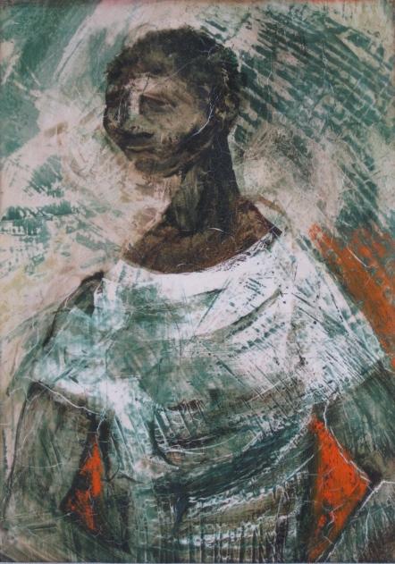 Fred Leach tempera and pastel: Fred Leach (American 20th c.)- ''Negro Youth''- tempera and pastel, 1958, light struck. Exhibited: The 40th Annual May show, Cleveland Museum of Art, Cleveland, OH 1958. 12 1/2 x 9''