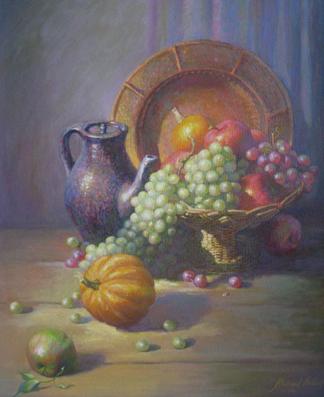 Richard Sedlon oil: Richard Sedlon (American 20th c.)- ''Autumn Offering''- oil on panel, 1966, signed Richard Sedlon 66 lower right, very good condition. 29 x 24''