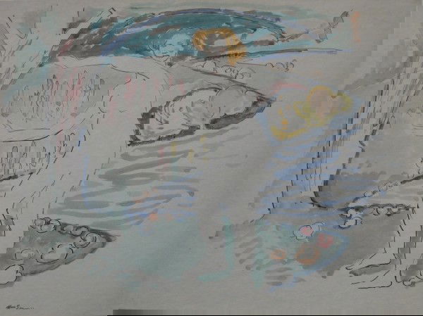 William Sommer watercolor and drawing: William Sommer (American 1867-1949)- Nude By River- watercolor and pen and ink on paper, estate stamped lower right. 12 x 16''