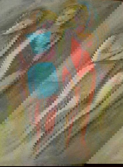 Mary Spain oil: Mary Spain (American 1934-1983)- Two Standing Figures- oil on masonite. 48 1/4 x 36''